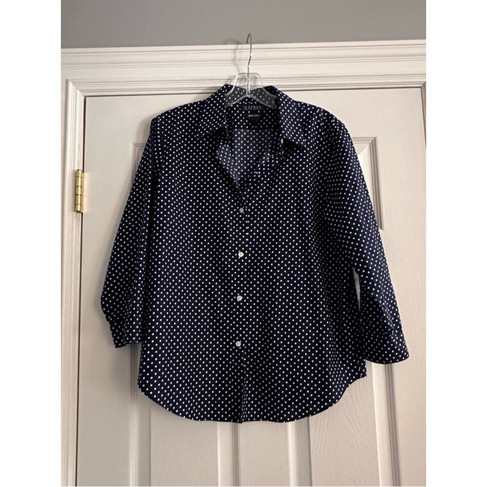 Ralph Lauren Non Iron Polka Dot Button Down Shirt Blue White 3/4 Sleeve LARGE - Picture 10 of 11